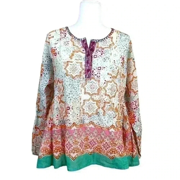 Sigrid Olsen Boho 100% Cotton Geometric Embroidered Peasant Tunic Top Size M - Picture 2 of 15